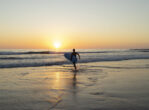 A male surfer with his surf board under his arm is running toward the waves to enter the water at sunset in Nosara, Costa Rica