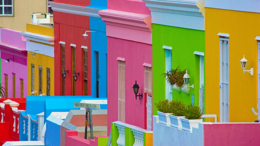 In Cape Town, South Africa the Bo-Kaap neighborhood has residential homes painted in a variety of bright colors.