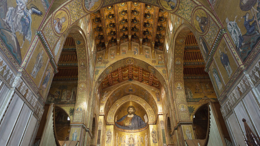 Mosaics in interior of Monreale Cathedral. Monreale, Sicily, Italy
