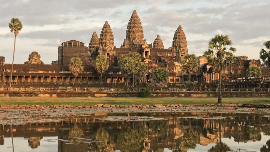 Beautiful view of Angkor Wat in the golden sunlight before sunset in Siem Reap, Cambodia.