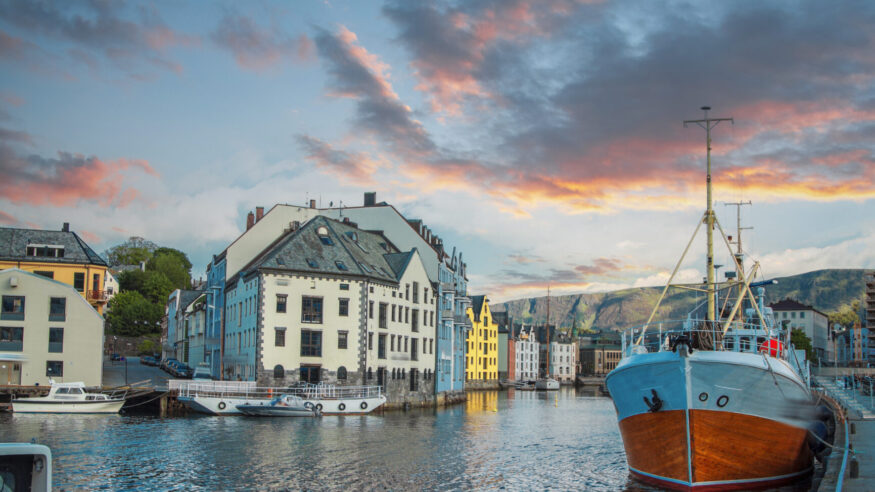 Alesund is a city in the Norwegian fjords.