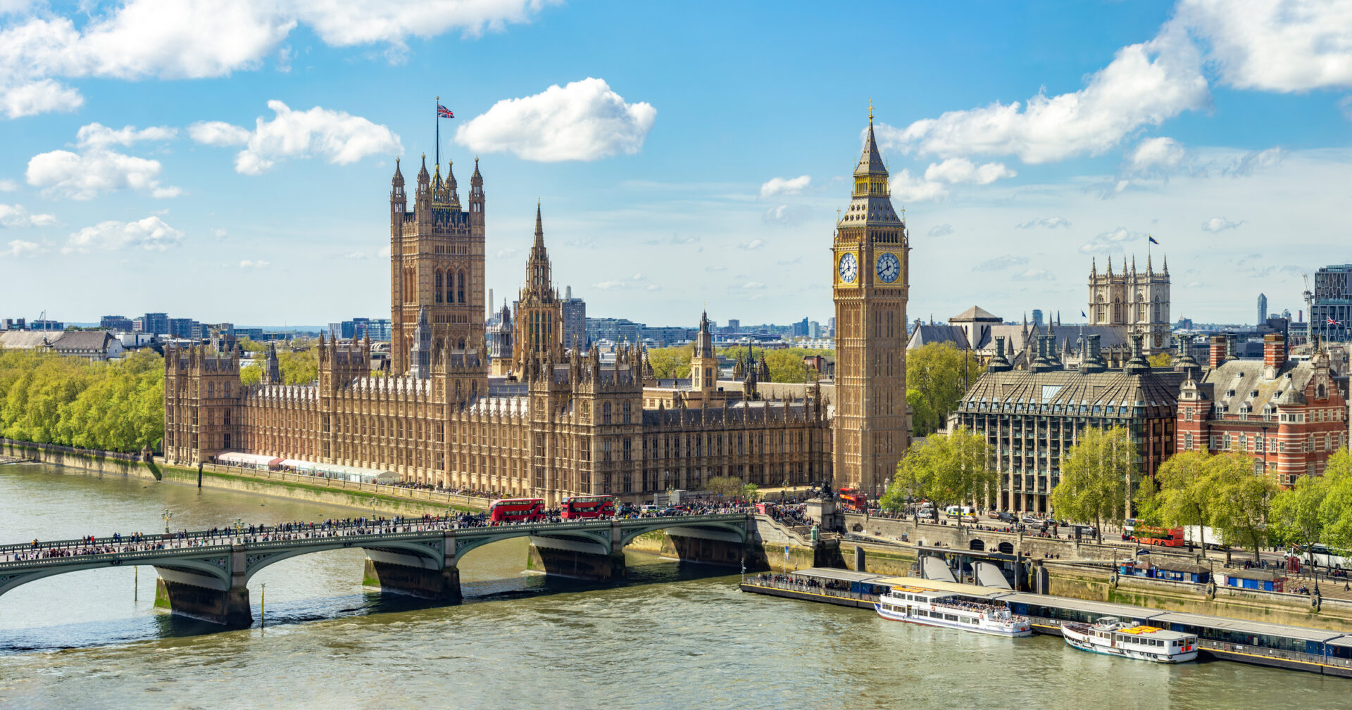 London cityscape with Houses of Parliament and Big Ben tower, UK