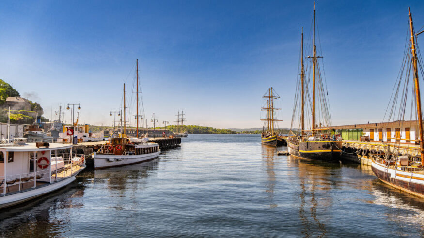 Boats and ferries in Aker Brygge, Oslo Norway