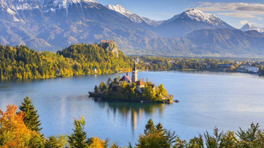Panoramic view of Lake Bled from Mt. Osojnica, Slovenia