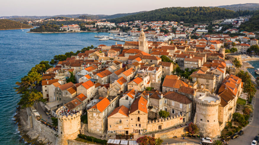 Dramatic aerial view of the famous Korcula old town by the Adriatic sea in Croatia
