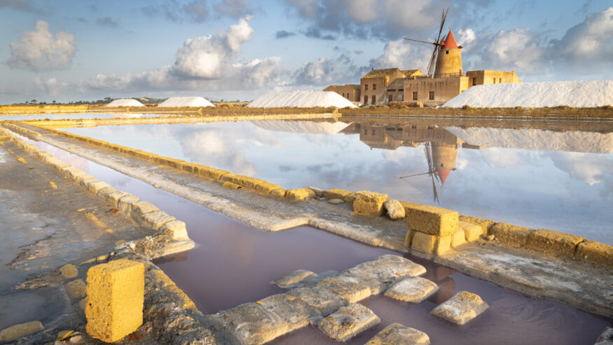 Saline dello Stagnone and the reflection of the wind mill at sunrise, Marsala, Trapani province, Italy, Europe
