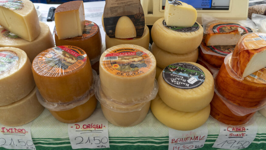Ordizia Gipuzkoa Spain on June 21, 2023 The traditional fair in Ordizia every Wednesday is a meeting place for buyers and sellers of agricultural produce from the area. Cheeses display.