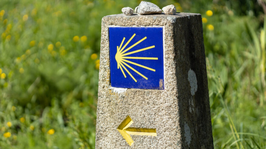 Camino de Santiago sign on stone monolith with green grass background. Pilgrimage sign to Santiago de Compostela