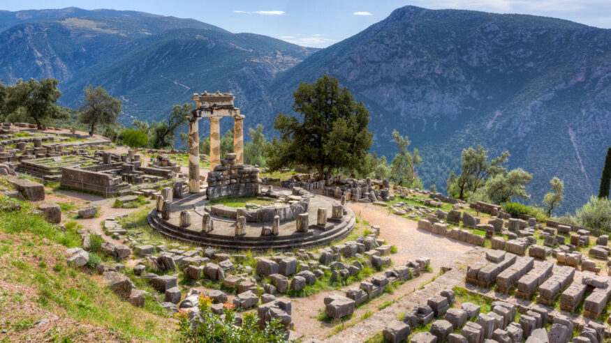 View of the Tholos at the sanctuary of Athena Pronaia, Delphi, Phocis, Greece