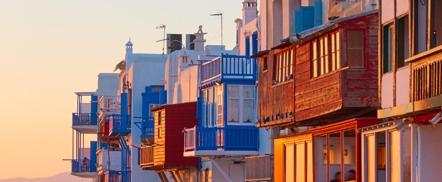 Mykonos town with and The Little Venice district at sundown, Cyclades, Greece