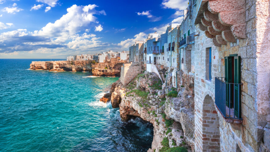Polignano a Mare, Italy. Idyllic coastline of Adriatic Sea, Cala Paura gulf Puglia scenic view.