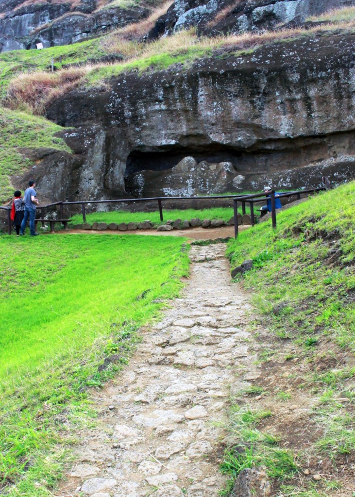 Moai statue partially formed in the side of the Ranu Raraku Volcano